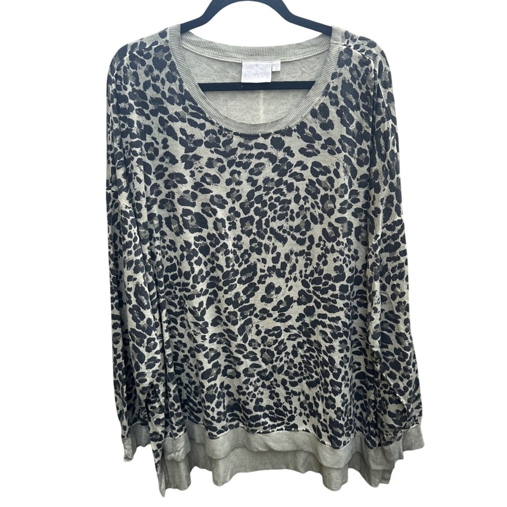 Dantelle Womens 3X Leopard Print Loop Terry Top Sage Green Long Sleeve D2183CP